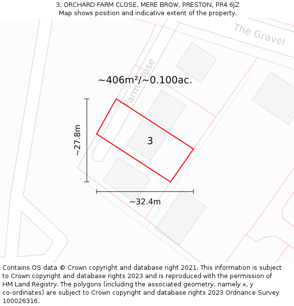 3, ORCHARD FARM CLOSE, MERE BROW, PRESTON, PR4 6JZ: Plot and title map