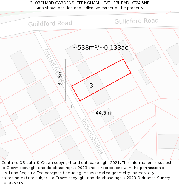 3, ORCHARD GARDENS, EFFINGHAM, LEATHERHEAD, KT24 5NR: Plot and title map