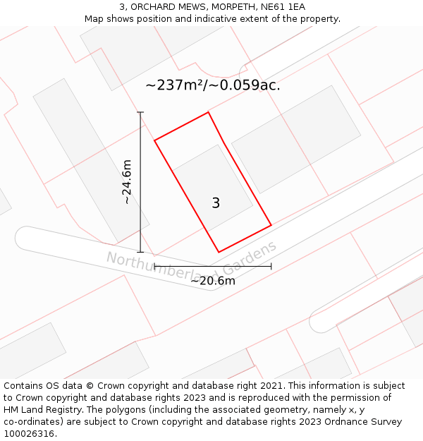 3, ORCHARD MEWS, MORPETH, NE61 1EA: Plot and title map