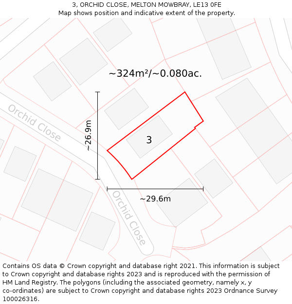 3, ORCHID CLOSE, MELTON MOWBRAY, LE13 0FE: Plot and title map