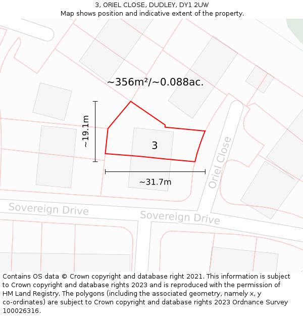 3, ORIEL CLOSE, DUDLEY, DY1 2UW: Plot and title map