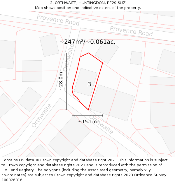 3, ORTHWAITE, HUNTINGDON, PE29 6UZ: Plot and title map