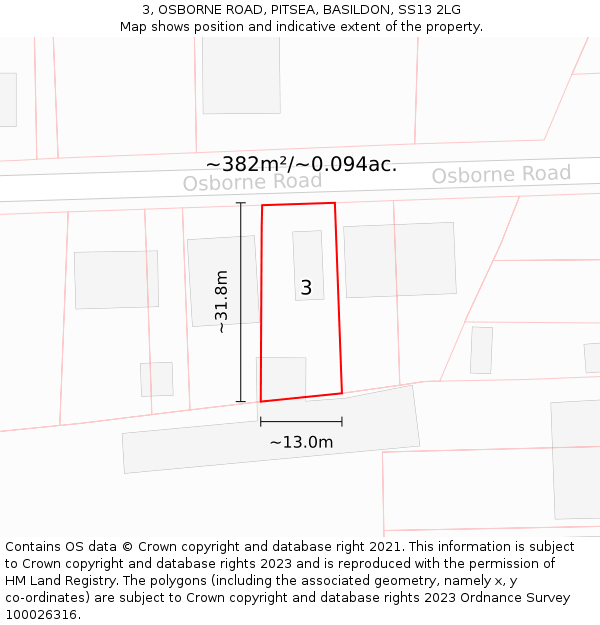 3, OSBORNE ROAD, PITSEA, BASILDON, SS13 2LG: Plot and title map