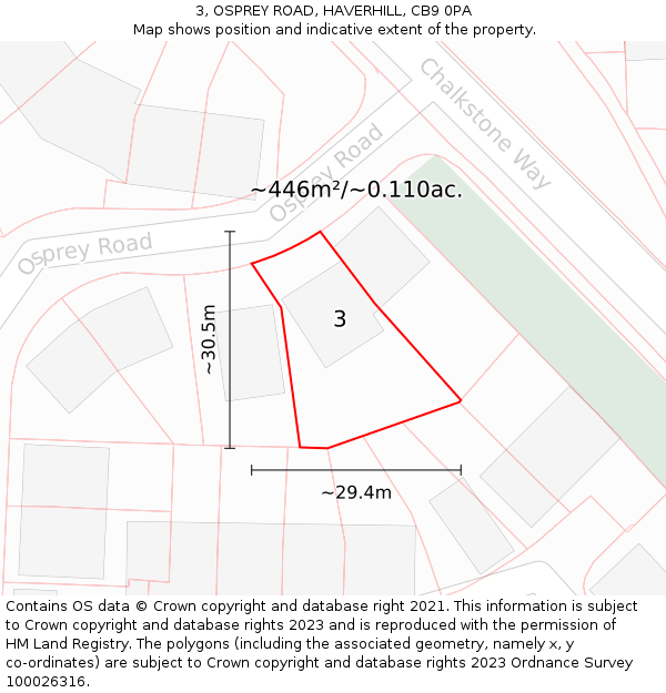 3, OSPREY ROAD, HAVERHILL, CB9 0PA: Plot and title map