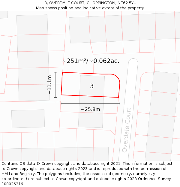 3, OVERDALE COURT, CHOPPINGTON, NE62 5YU: Plot and title map