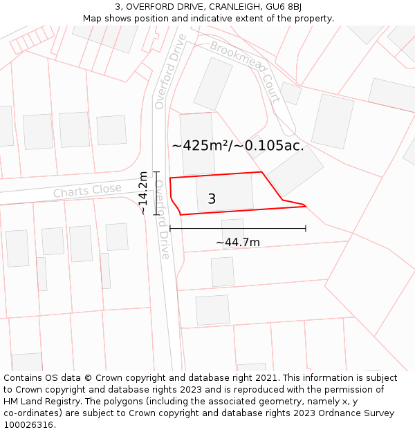 3, OVERFORD DRIVE, CRANLEIGH, GU6 8BJ: Plot and title map