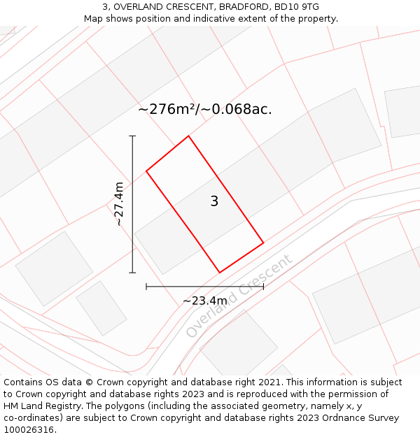 3, OVERLAND CRESCENT, BRADFORD, BD10 9TG: Plot and title map