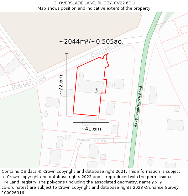 3, OVERSLADE LANE, RUGBY, CV22 6DU: Plot and title map