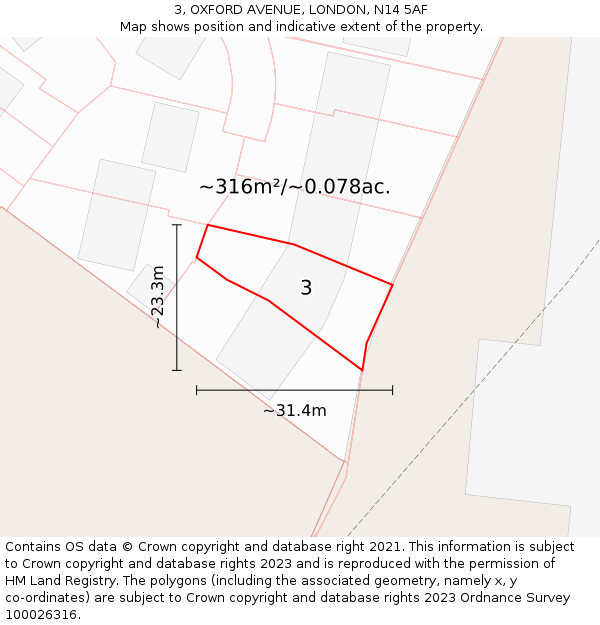 3, OXFORD AVENUE, LONDON, N14 5AF: Plot and title map