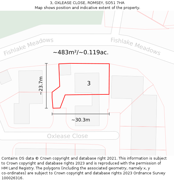 3, OXLEASE CLOSE, ROMSEY, SO51 7HA: Plot and title map