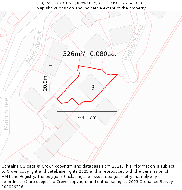 3, PADDOCK END, MAWSLEY, KETTERING, NN14 1GB: Plot and title map