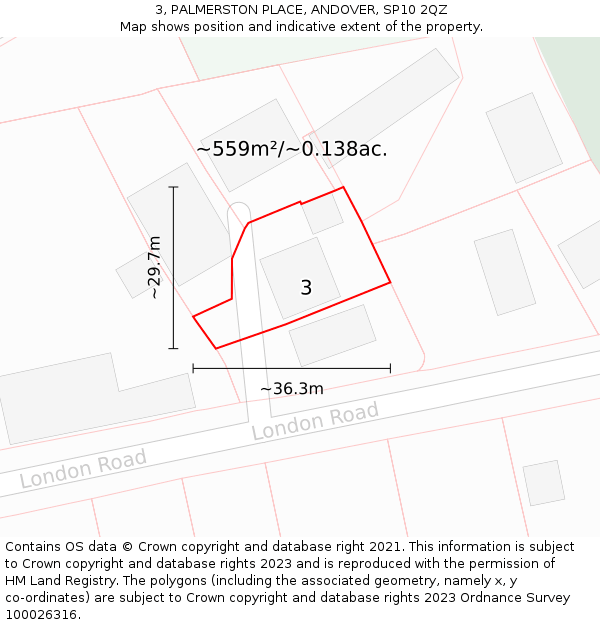 3, PALMERSTON PLACE, ANDOVER, SP10 2QZ: Plot and title map