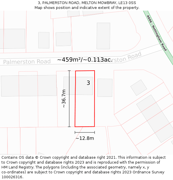 3, PALMERSTON ROAD, MELTON MOWBRAY, LE13 0SS: Plot and title map