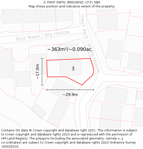 3, PANT GWYN, BRIDGEND, CF31 5BA: Plot and title map