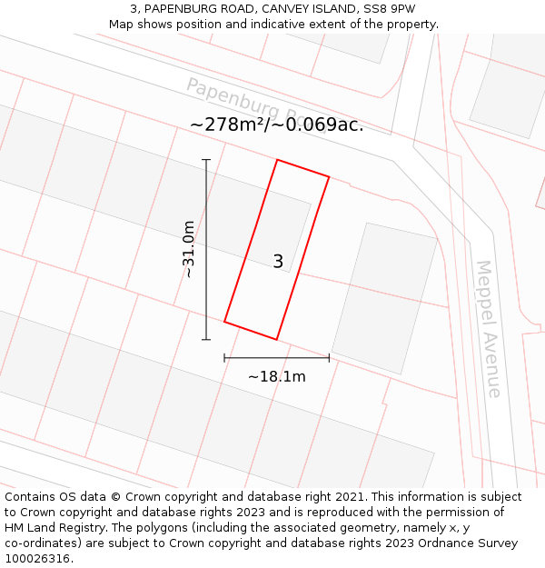 3, PAPENBURG ROAD, CANVEY ISLAND, SS8 9PW: Plot and title map