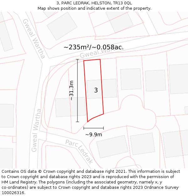 3, PARC LEDRAK, HELSTON, TR13 0QL: Plot and title map