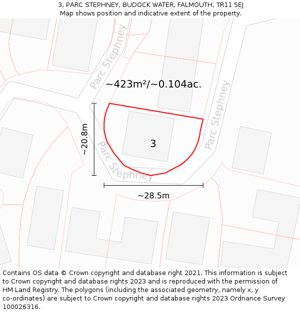 3, PARC STEPHNEY, BUDOCK WATER, FALMOUTH, TR11 5EJ: Plot and title map