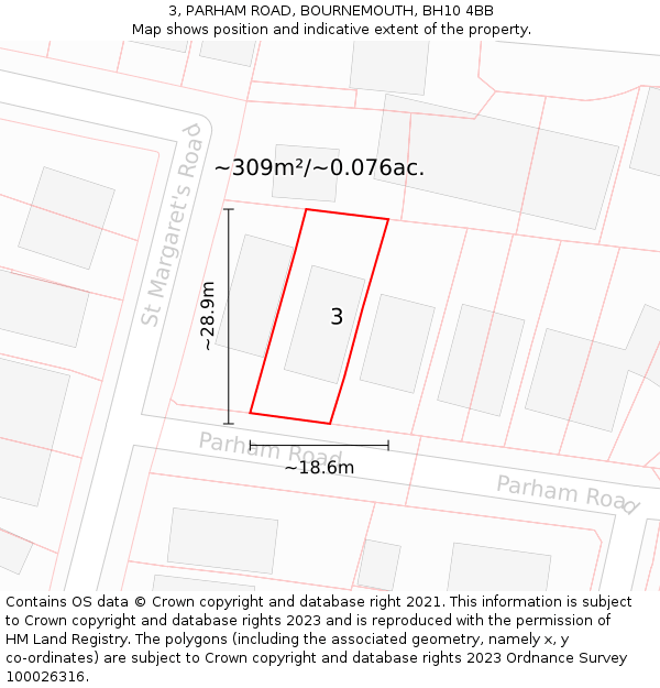 3, PARHAM ROAD, BOURNEMOUTH, BH10 4BB: Plot and title map