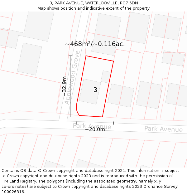 3, PARK AVENUE, WATERLOOVILLE, PO7 5DN: Plot and title map