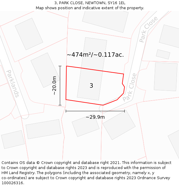 3, PARK CLOSE, NEWTOWN, SY16 1EL: Plot and title map