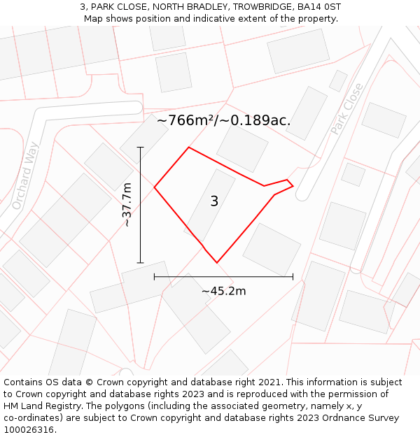 3, PARK CLOSE, NORTH BRADLEY, TROWBRIDGE, BA14 0ST: Plot and title map