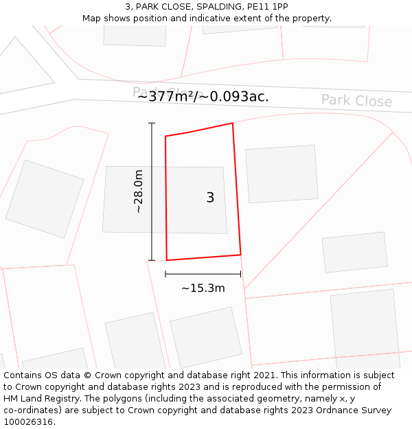 3, PARK CLOSE, SPALDING, PE11 1PP: Plot and title map