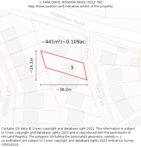 3, PARK DRIVE, BOGNOR REGIS, PO22 7RD: Plot and title map