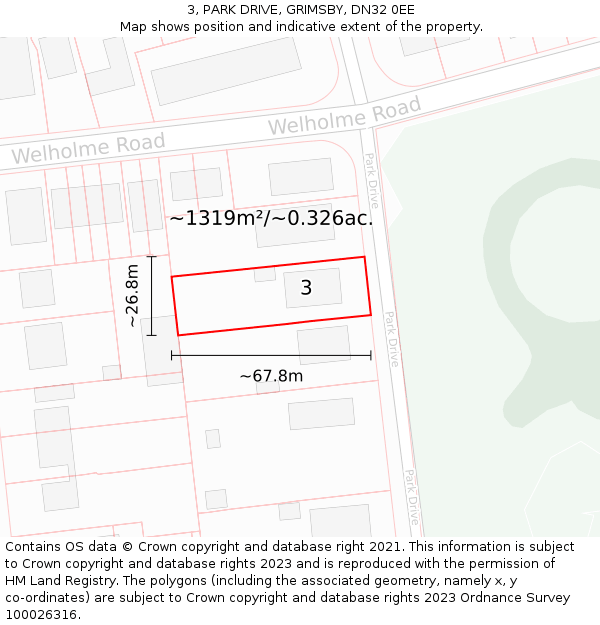 3, PARK DRIVE, GRIMSBY, DN32 0EE: Plot and title map