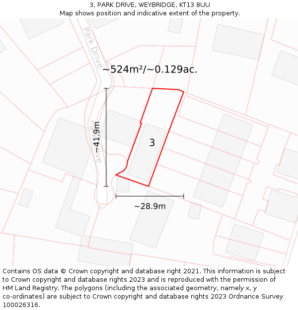 3, PARK DRIVE, WEYBRIDGE, KT13 8UU: Plot and title map