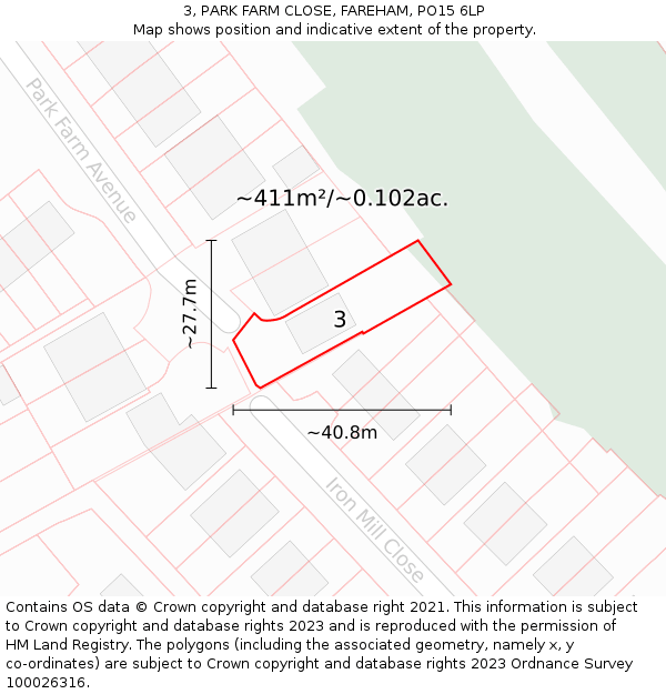 3, PARK FARM CLOSE, FAREHAM, PO15 6LP: Plot and title map