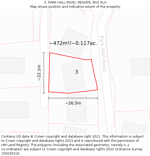 3, PARK HALL ROAD, REIGATE, RH2 9LH: Plot and title map