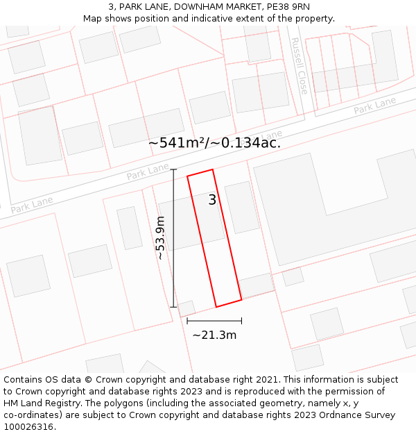 3, PARK LANE, DOWNHAM MARKET, PE38 9RN: Plot and title map