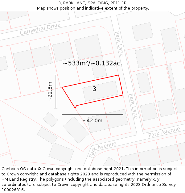 3, PARK LANE, SPALDING, PE11 1PJ: Plot and title map