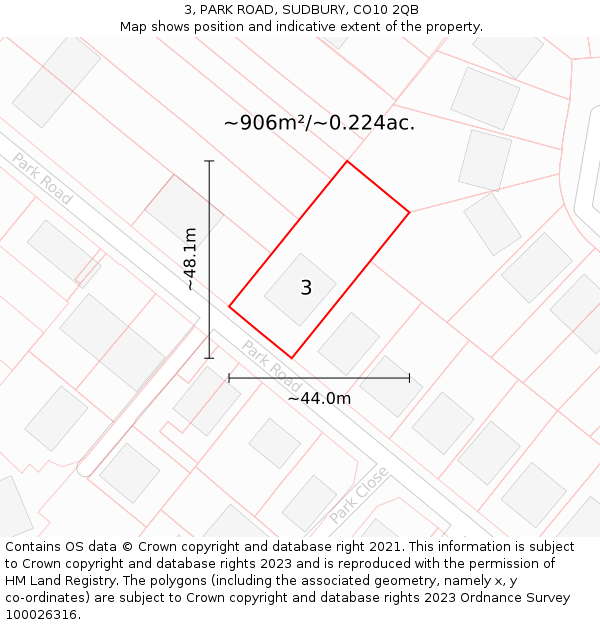 3, PARK ROAD, SUDBURY, CO10 2QB: Plot and title map