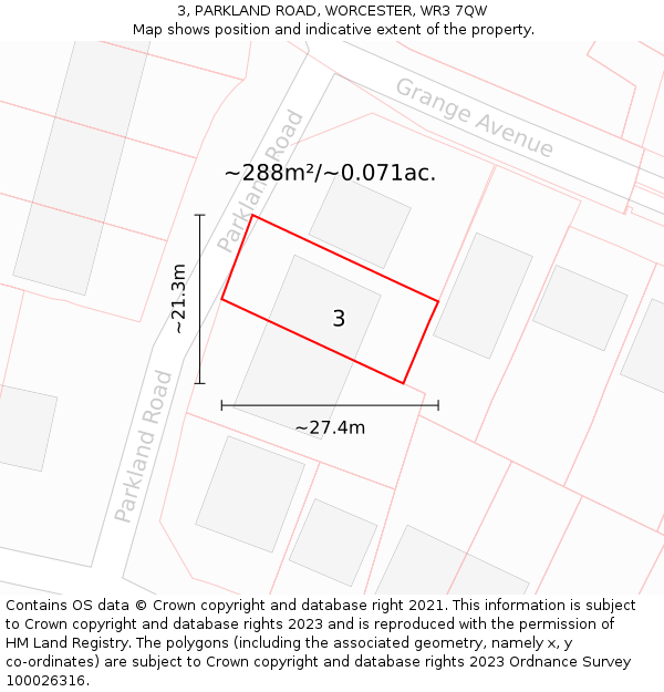 3, PARKLAND ROAD, WORCESTER, WR3 7QW: Plot and title map