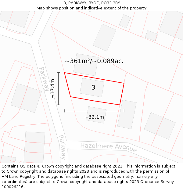 3, PARKWAY, RYDE, PO33 3RY: Plot and title map