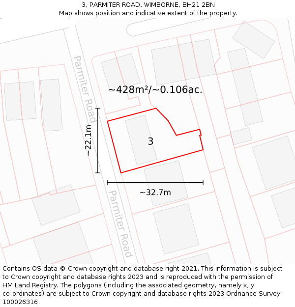 3, PARMITER ROAD, WIMBORNE, BH21 2BN: Plot and title map