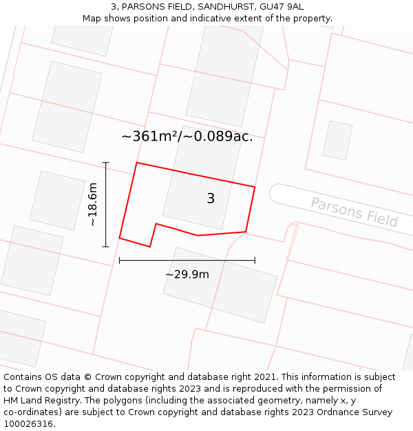 3, PARSONS FIELD, SANDHURST, GU47 9AL: Plot and title map