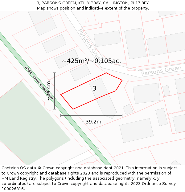 3, PARSONS GREEN, KELLY BRAY, CALLINGTON, PL17 8EY: Plot and title map