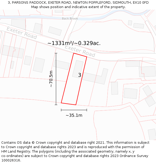 3, PARSONS PADDOCK, EXETER ROAD, NEWTON POPPLEFORD, SIDMOUTH, EX10 0FD: Plot and title map