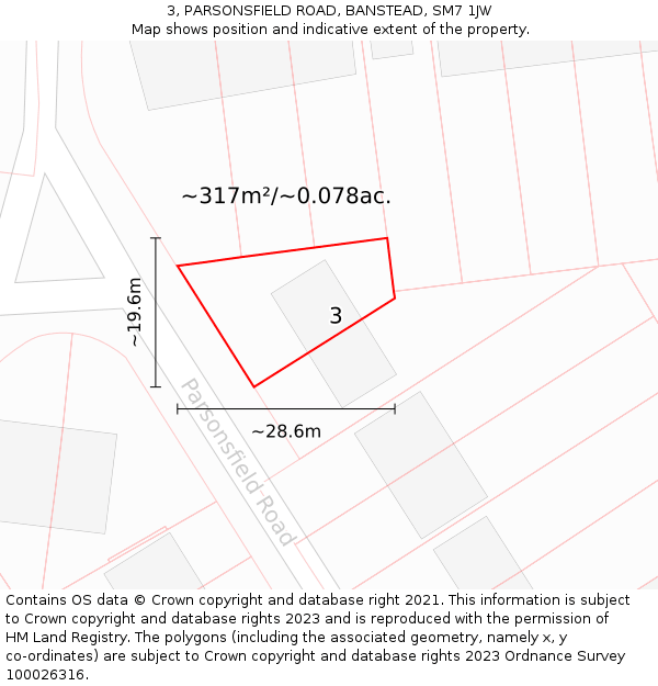 3, PARSONSFIELD ROAD, BANSTEAD, SM7 1JW: Plot and title map