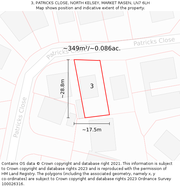 3, PATRICKS CLOSE, NORTH KELSEY, MARKET RASEN, LN7 6LH: Plot and title map