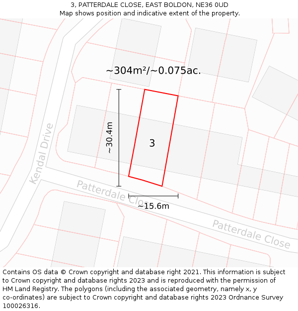 3, PATTERDALE CLOSE, EAST BOLDON, NE36 0UD: Plot and title map