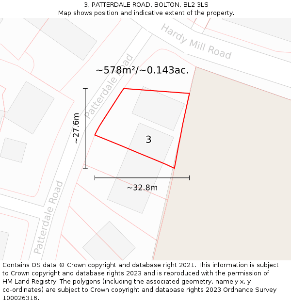 3, PATTERDALE ROAD, BOLTON, BL2 3LS: Plot and title map