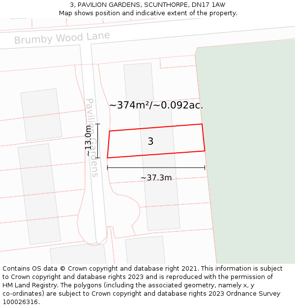 3, PAVILION GARDENS, SCUNTHORPE, DN17 1AW: Plot and title map