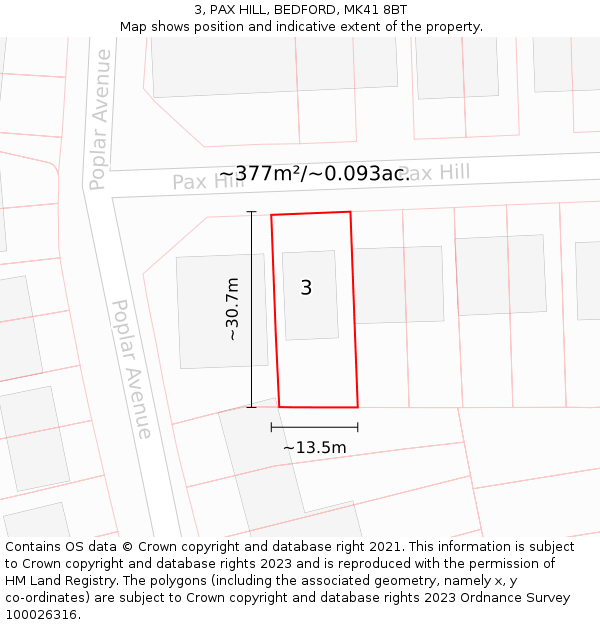 3, PAX HILL, BEDFORD, MK41 8BT: Plot and title map