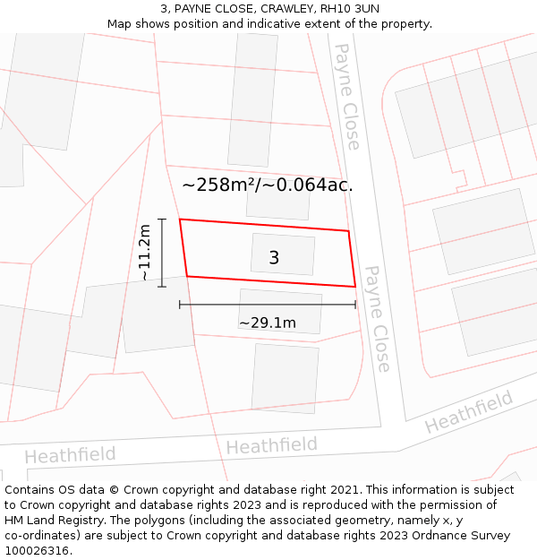 3, PAYNE CLOSE, CRAWLEY, RH10 3UN: Plot and title map