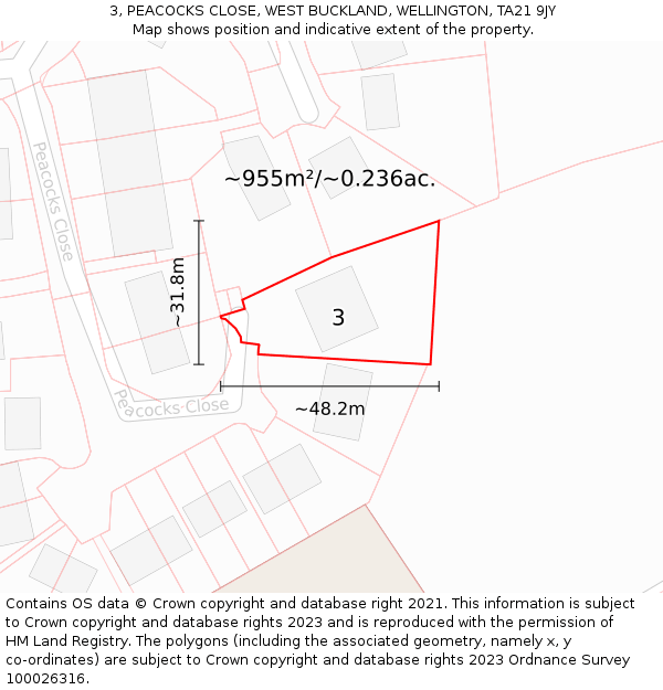 3, PEACOCKS CLOSE, WEST BUCKLAND, WELLINGTON, TA21 9JY: Plot and title map