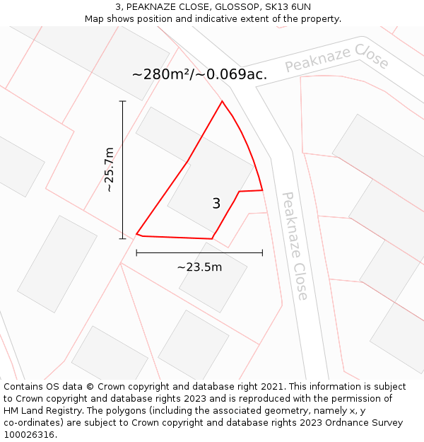 3, PEAKNAZE CLOSE, GLOSSOP, SK13 6UN: Plot and title map