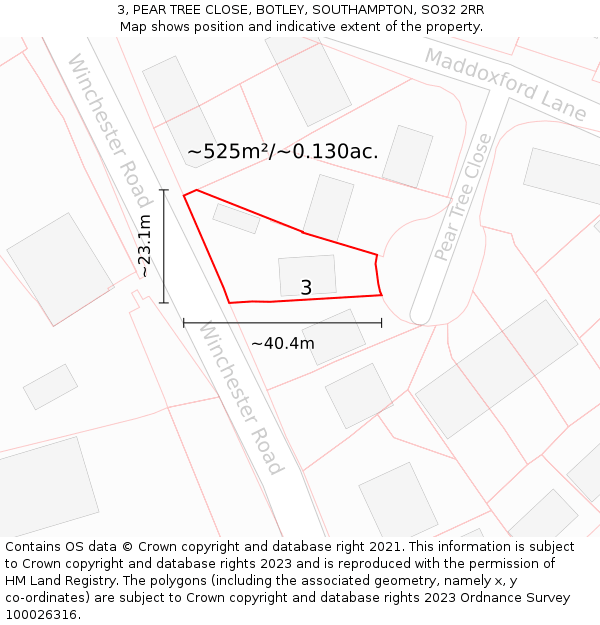 3, PEAR TREE CLOSE, BOTLEY, SOUTHAMPTON, SO32 2RR: Plot and title map